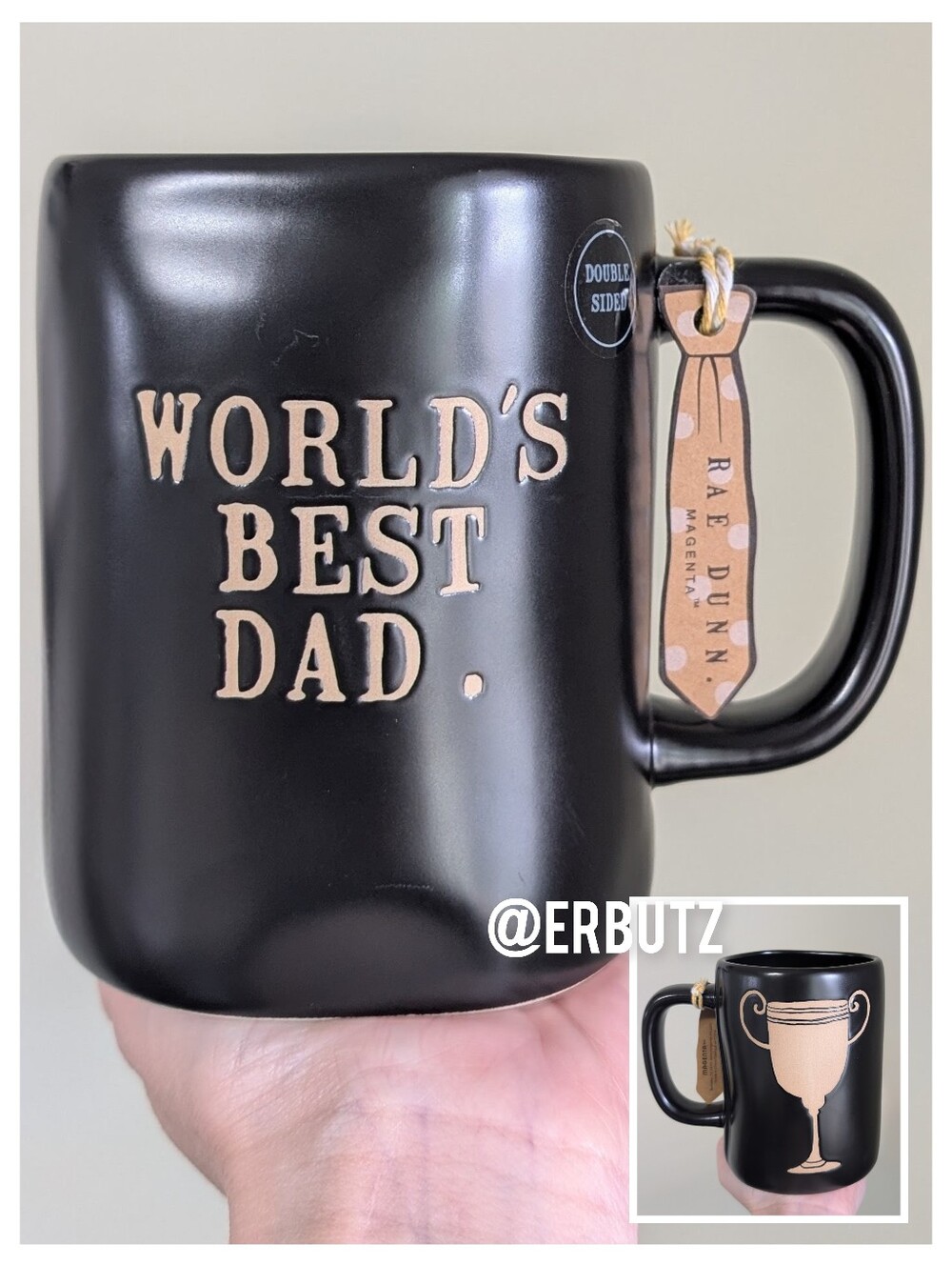 Rae Dunn WORLD'S BEST DAD Soft Matte Black Mug with Trophy Motif 🏆 Double Sided